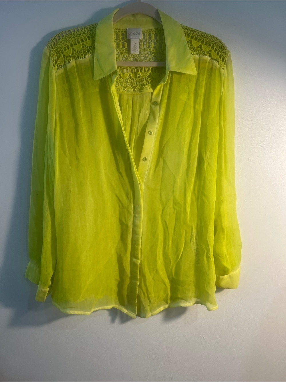 Chico's Neon Lime Sheer Button-Down Blouse with Lace Yoke